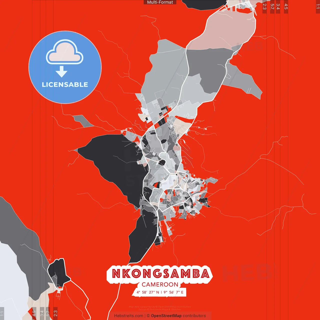 Nkongsamba, Cameroon - modern street map poster template with gray and red tones