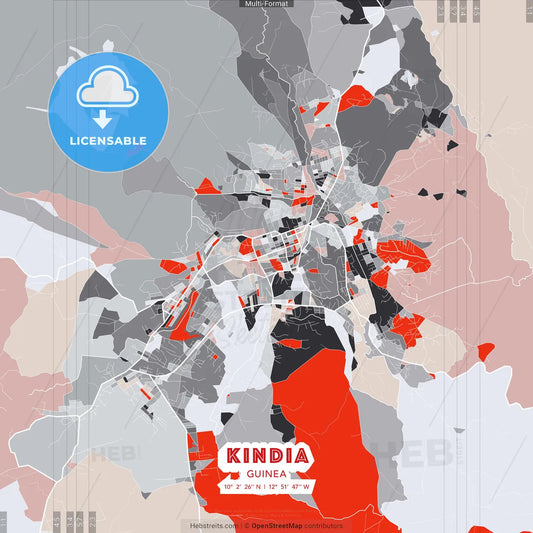 Kindia, Guinea - modern street map poster template with gray and red tones