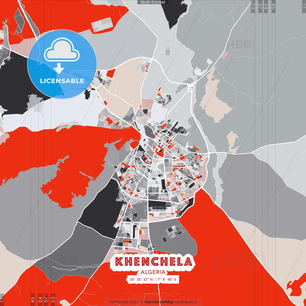 Khenchela, Algeria - modern street map poster template with gray and red tones