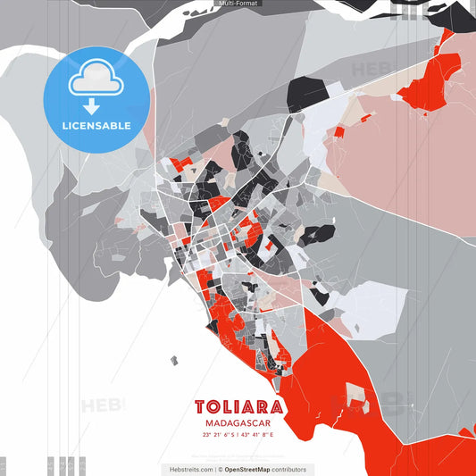 Toliara, Madagascar - modern street map poster template with gray and red tones