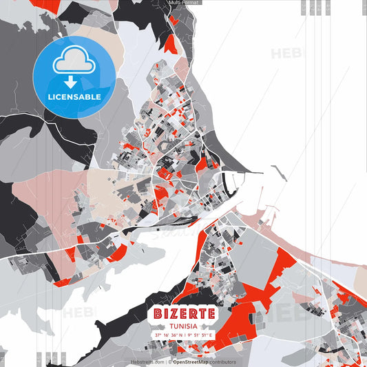 Bizerte, Tunisia - modern street map poster template with gray and red tones