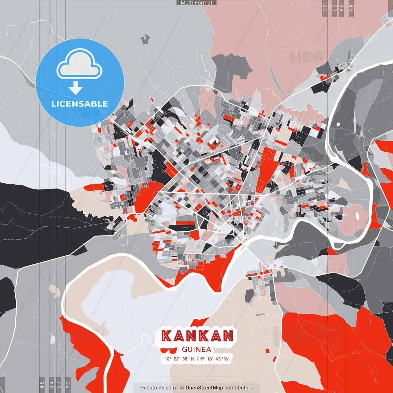 Kankan, Guinea - modern street map poster template with gray and red tones