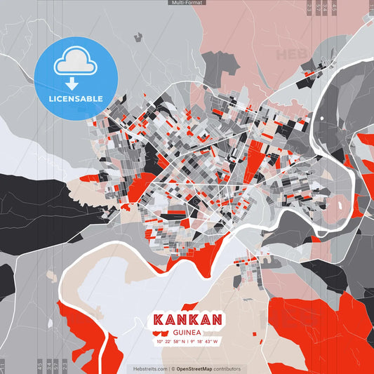 Kankan, Guinea - modern street map poster template with gray and red tones