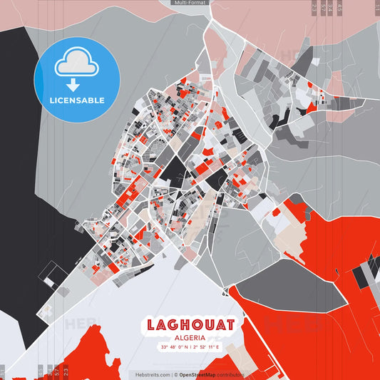 Laghouat, Algeria - modern street map poster template with gray and red tones