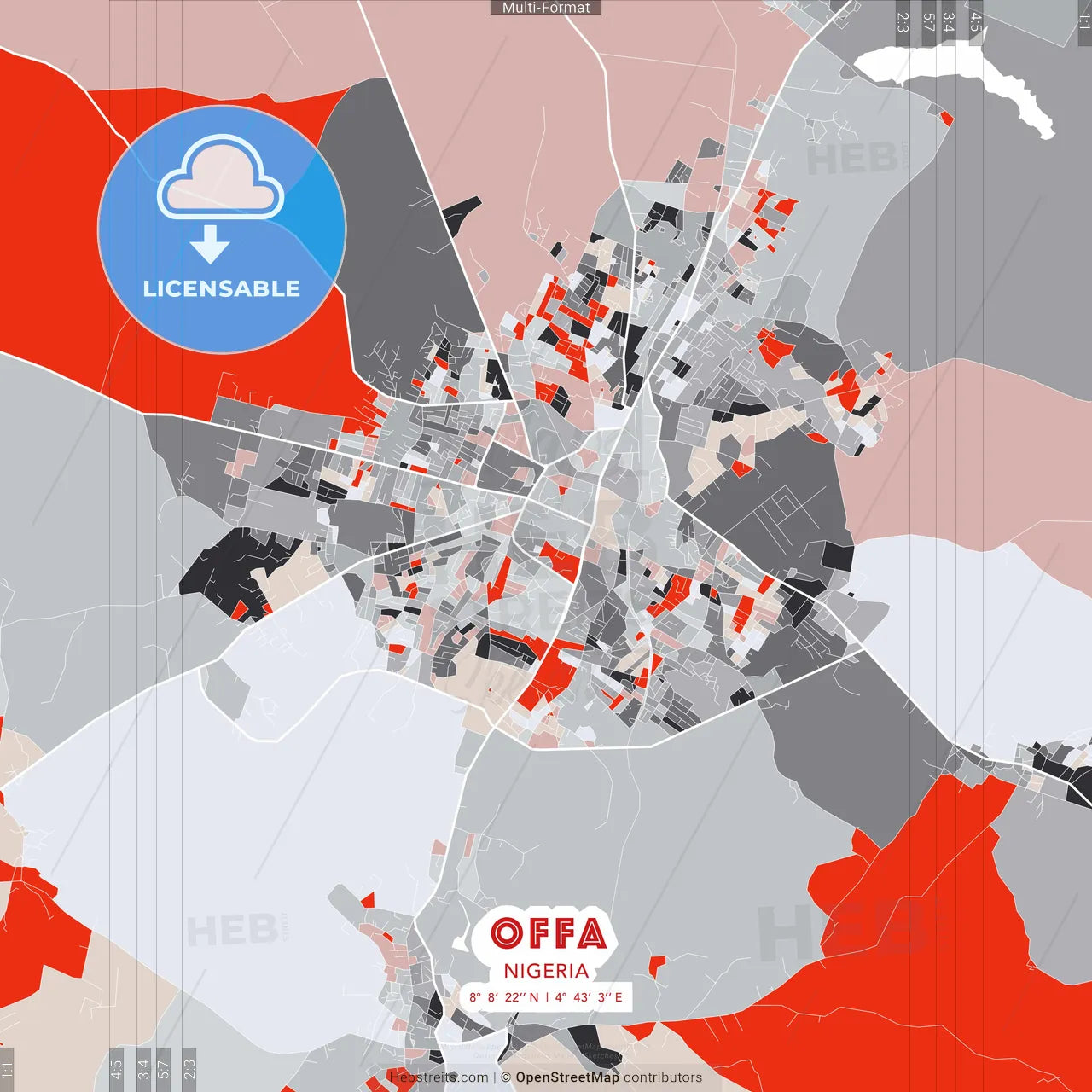 Offa, Nigeria - modern street map poster template with gray and red tones