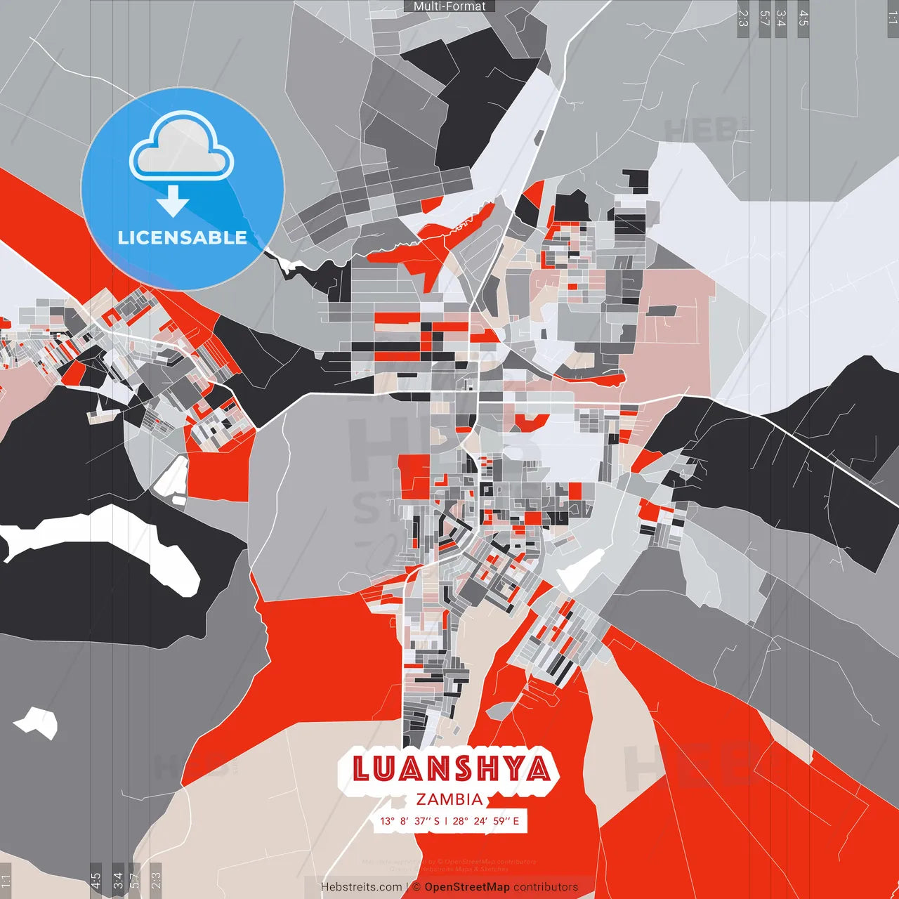 Luanshya, Zambia - modern street map poster template with gray and red tones