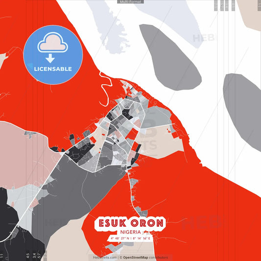 Esuk Oron, Nigeria - modern street map poster template with gray and red tones