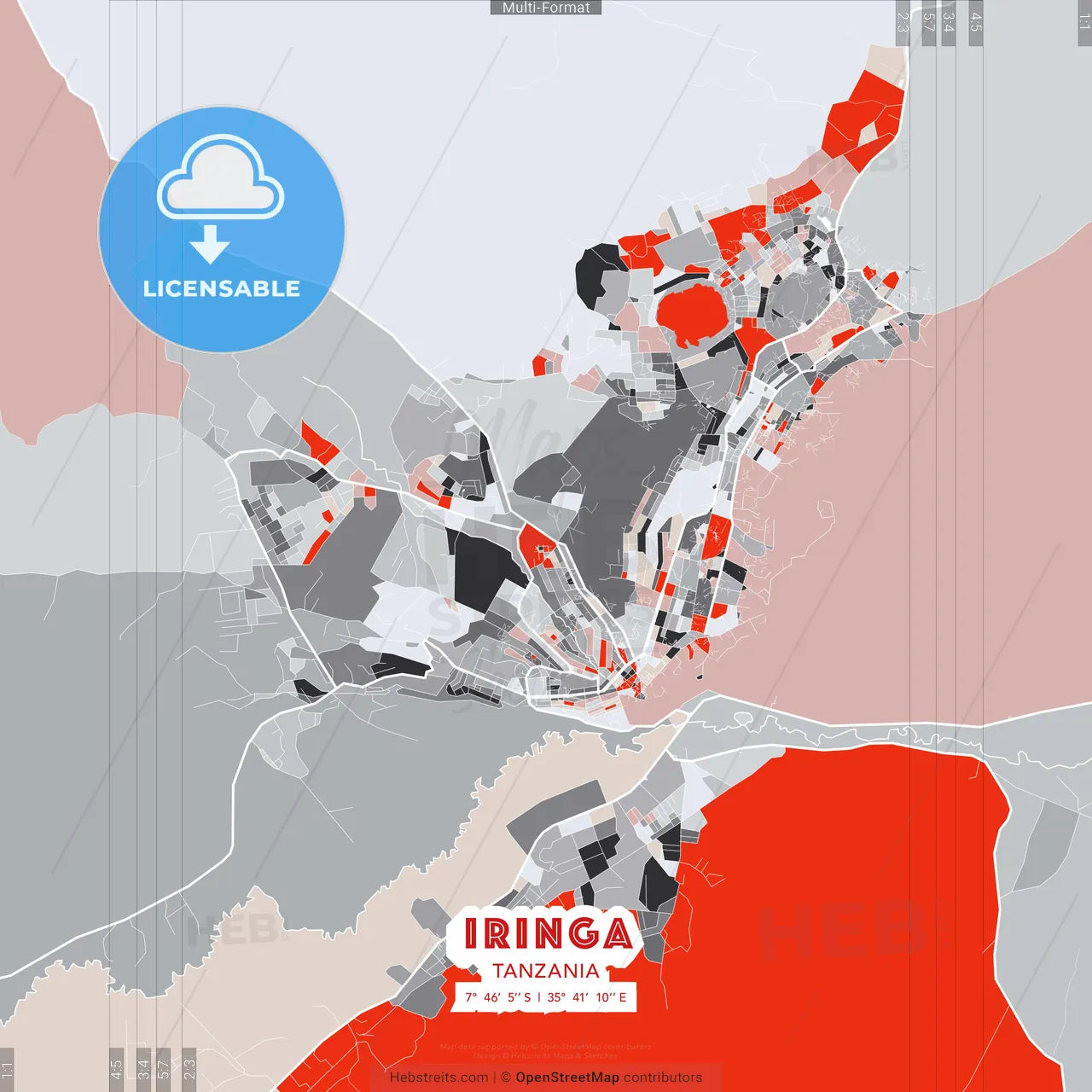 Iringa, Tanzania - modern street map poster template with gray and red tones