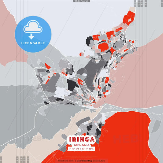 Iringa, Tanzania - modern street map poster template with gray and red tones