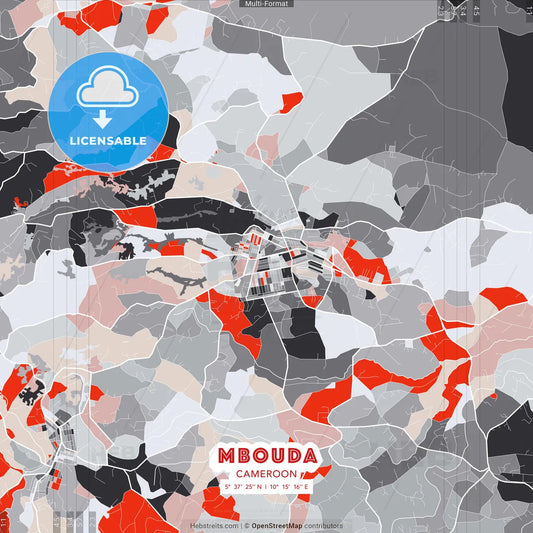 Mbouda, Cameroon - modern street map poster template with gray and red tones