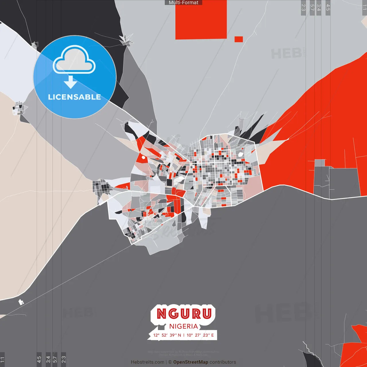 Nguru, Nigeria - modern street map poster template with gray and red tones