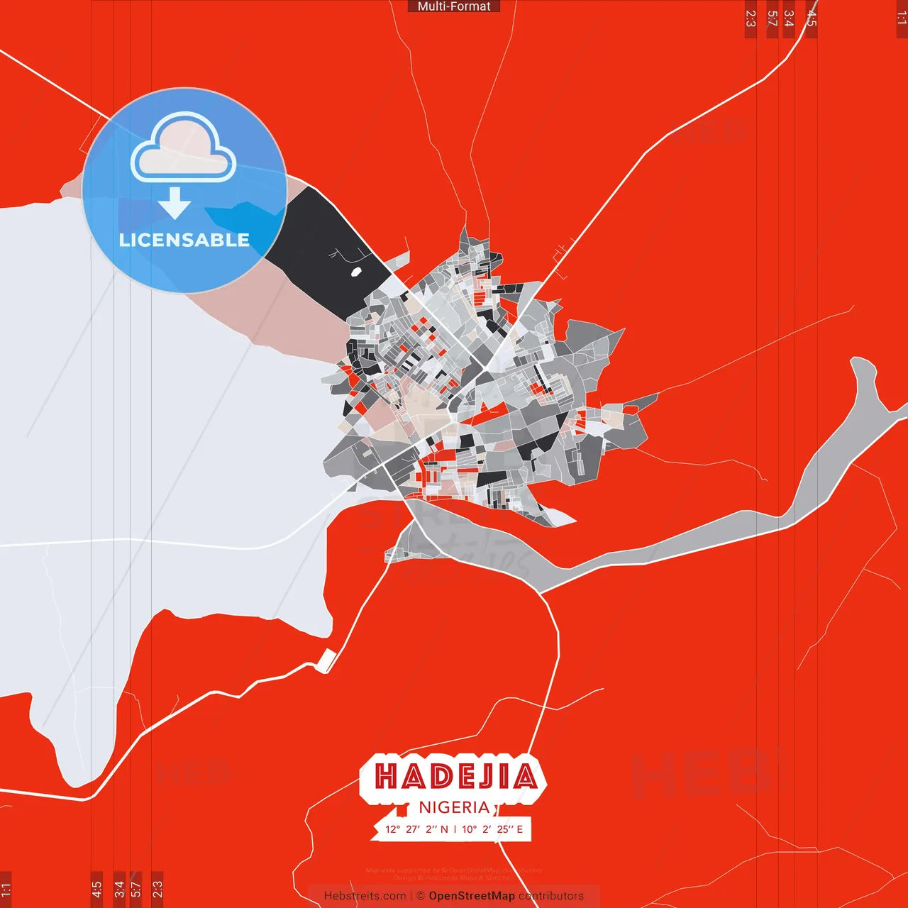 Hadejia, Nigeria - modern street map poster template with gray and red tones