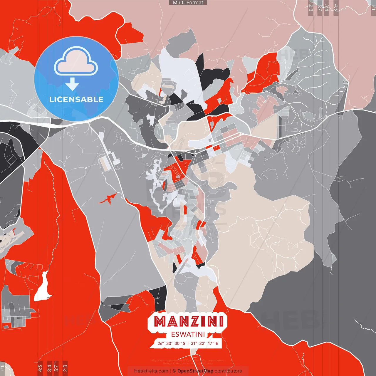 Manzini, Eswatini - modern street map poster template with gray and red tones