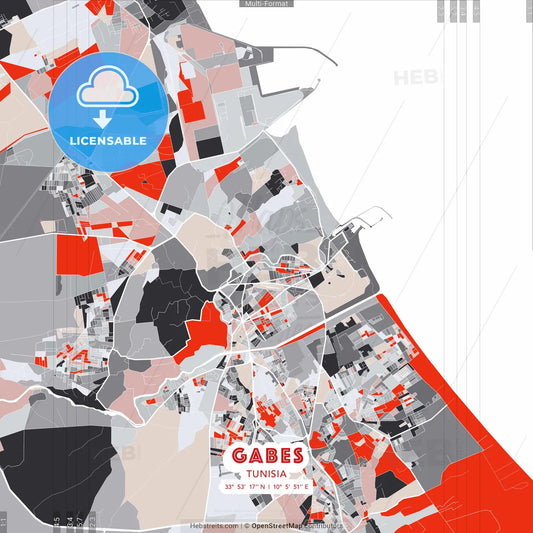 Gabes, Tunisia - modern street map poster template with gray and red tones