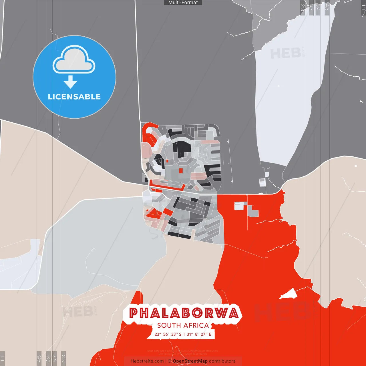 Phalaborwa, South Africa - modern street map poster template with gray and red tones