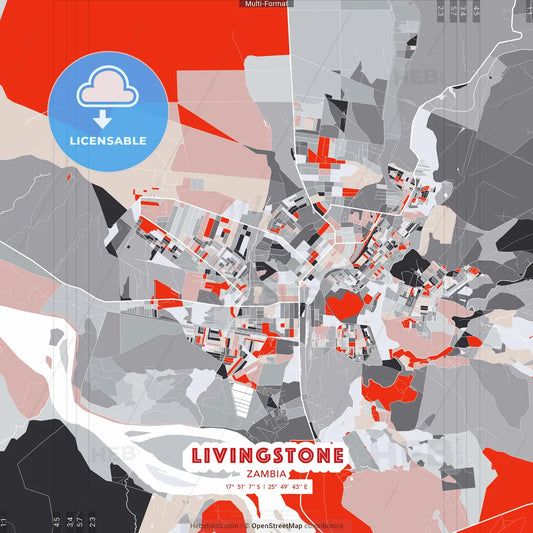 Livingstone, Zambia - modern street map poster template with gray and red tones