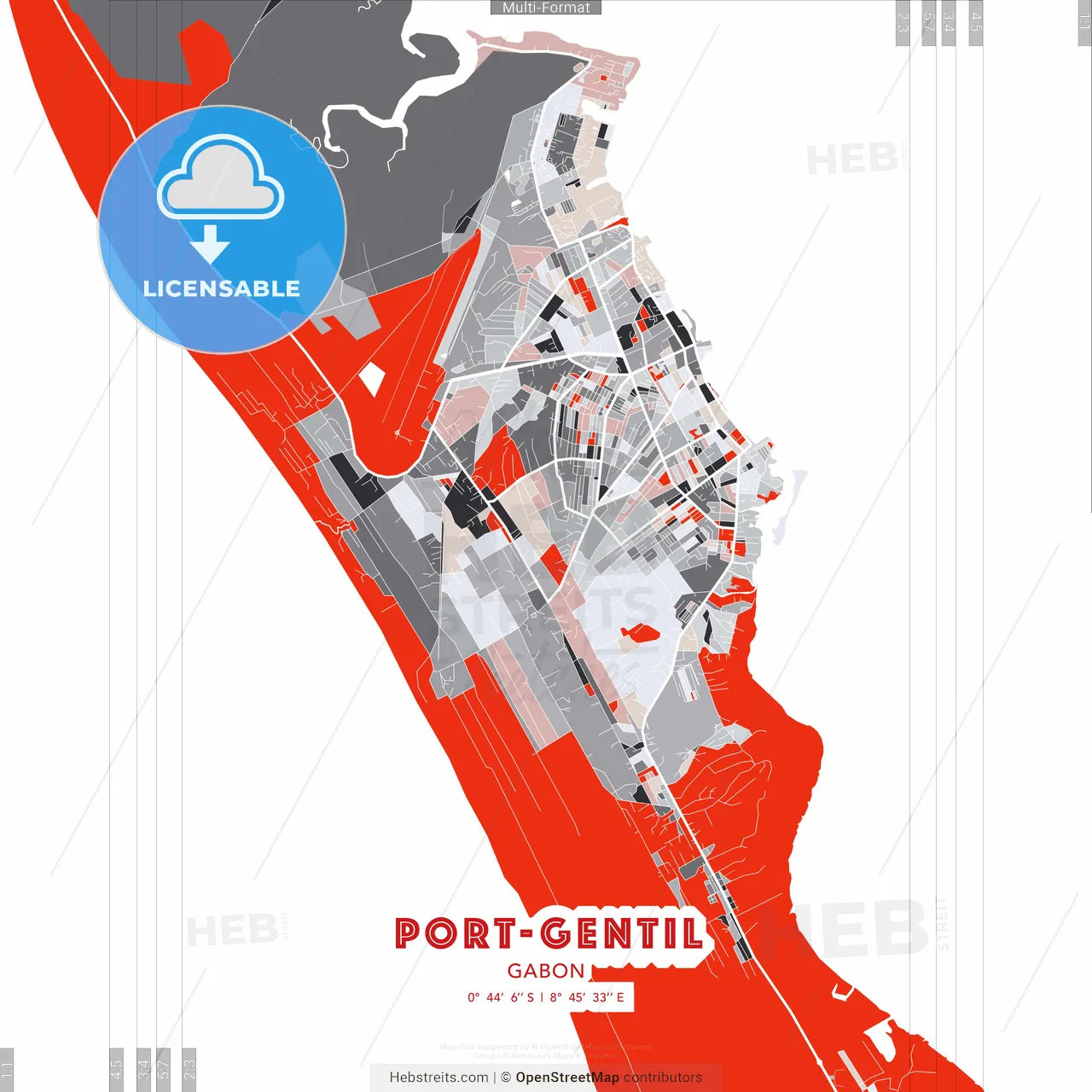 Port-Gentil, Gabon - modern street map poster template with gray and red tones