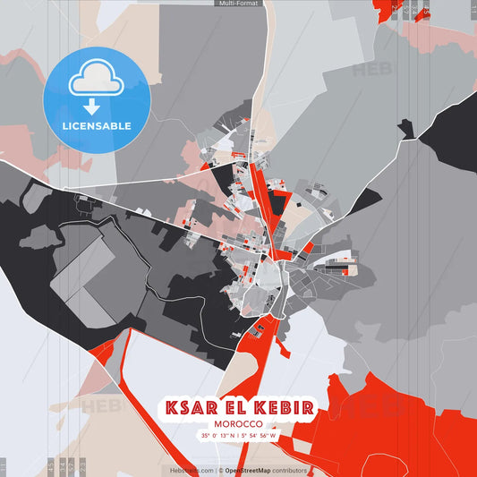 Ksar El Kebir, Morocco - modern street map poster template with gray and red tones