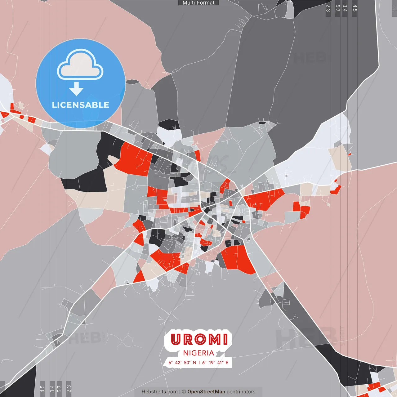 Uromi, Nigeria - modern street map poster template with gray and red tones