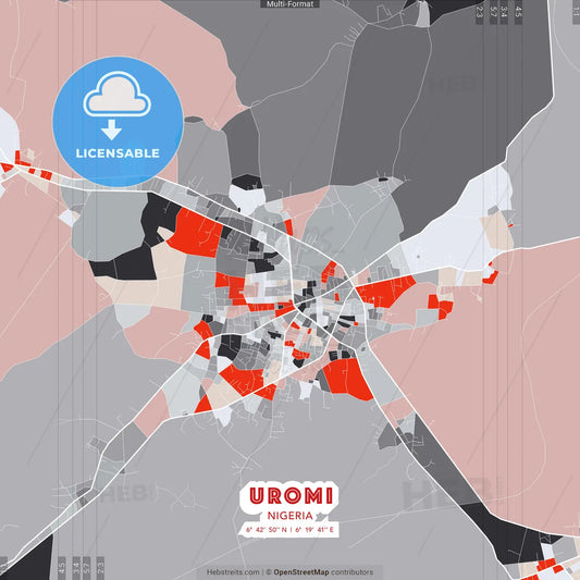 Uromi, Nigeria - modern street map poster template with gray and red tones