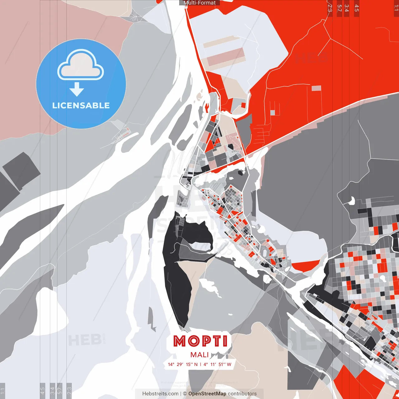 Mopti, Mali - modern street map poster template with gray and red tones