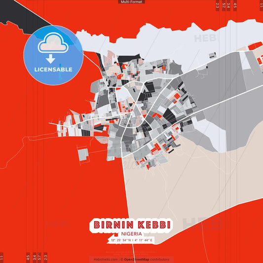 Birnin Kebbi, Nigeria - modern street map poster template with gray and red tones