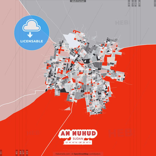 An Nuhud, Sudan - modern street map poster template with gray and red tones