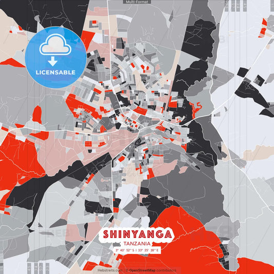 Shinyanga, Tanzania - modern street map poster template with gray and red tones