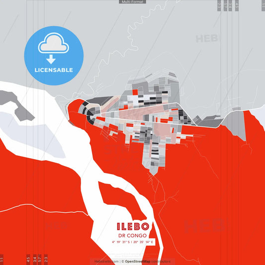 Ilebo, DR Congo - modern street map poster template with gray and red tones
