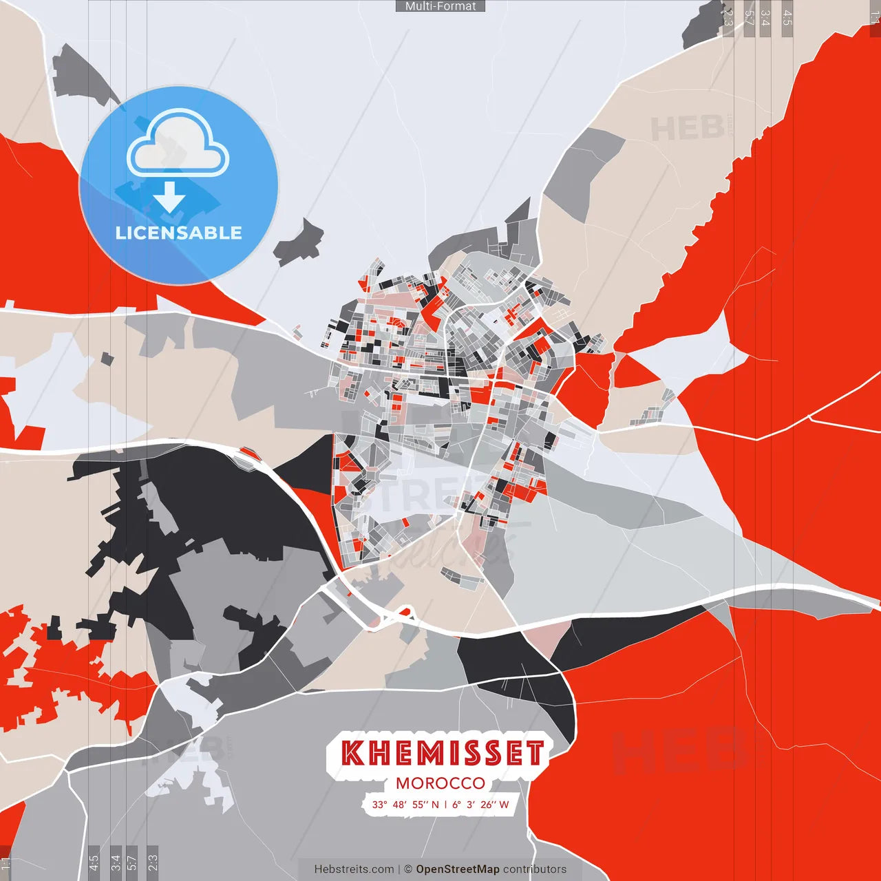 Khemisset, Morocco - modern street map poster template with gray and red tones
