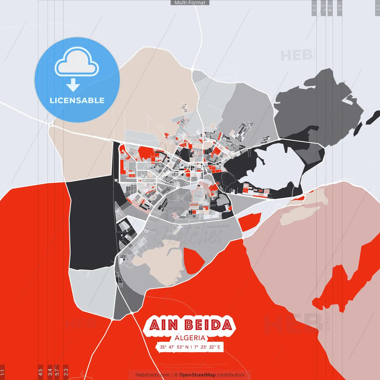 Ain Beida, Algeria - modern street map poster template with gray and red tones