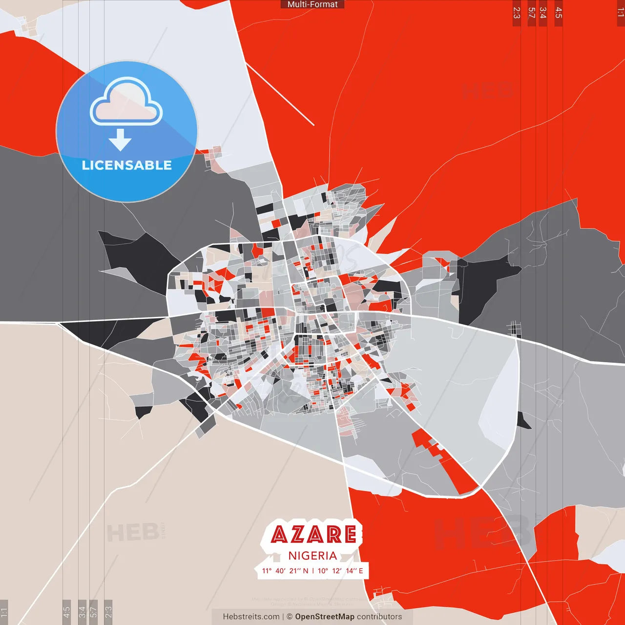 Azare, Nigeria - modern street map poster template with gray and red tones
