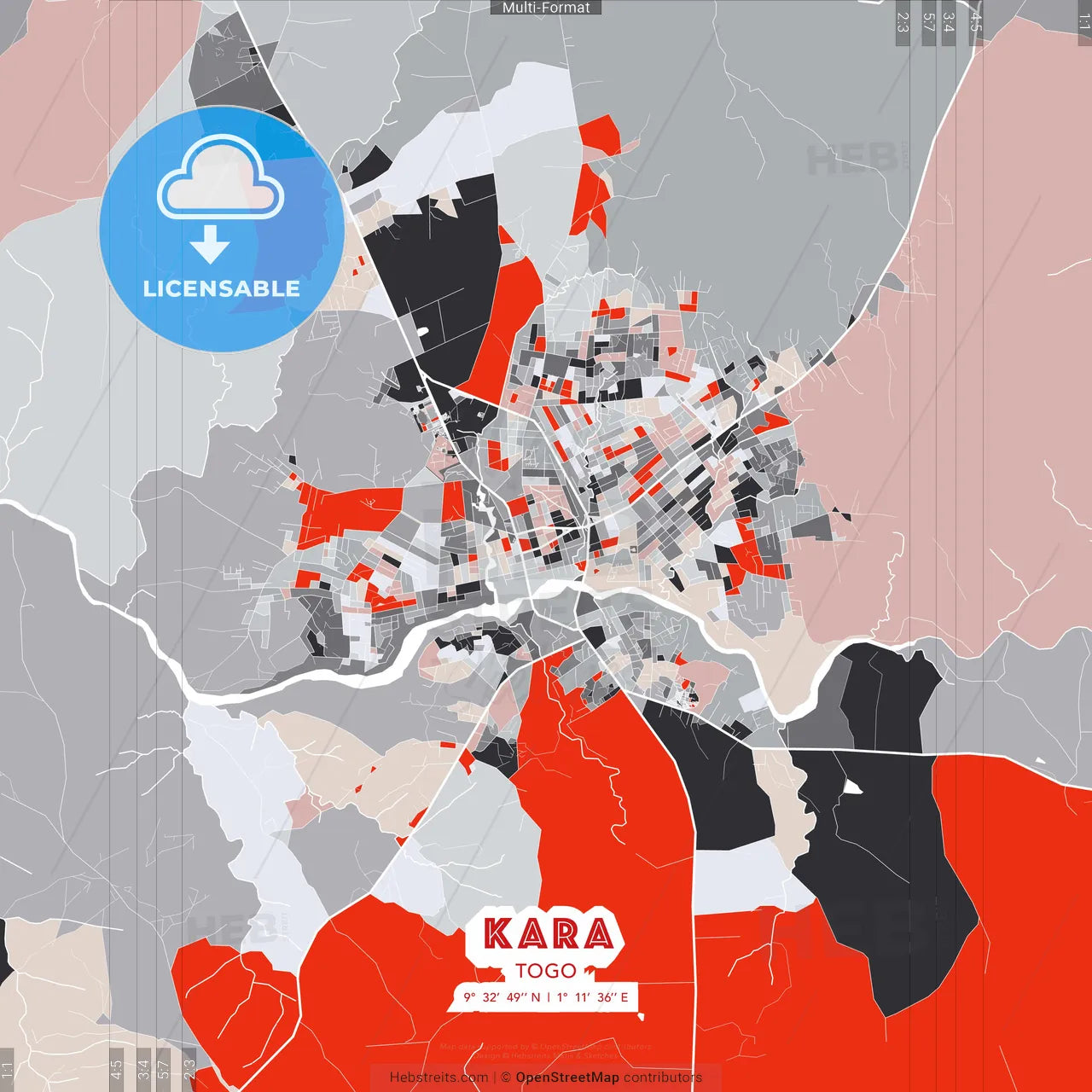 Kara, Togo - modern street map poster template with gray and red tones