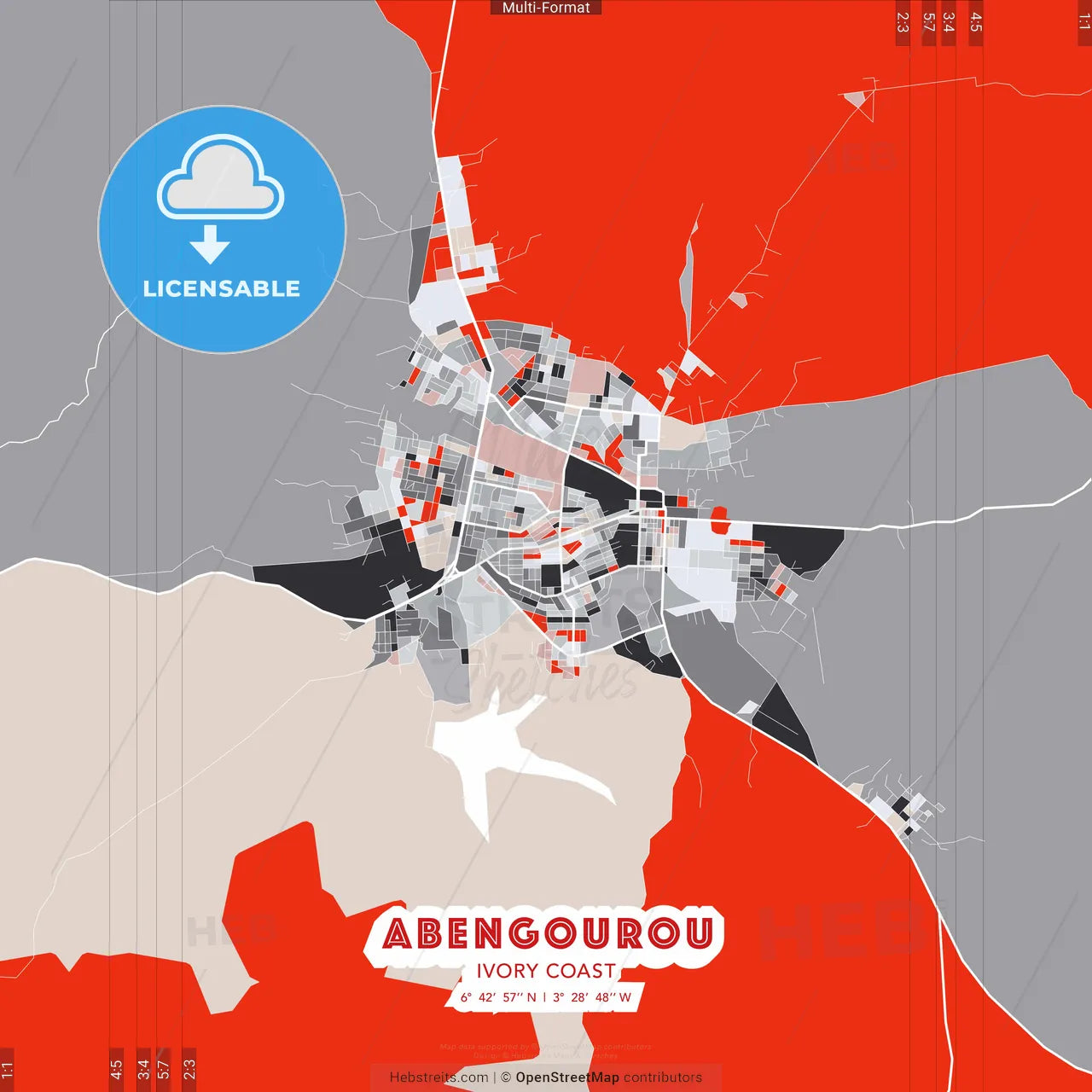 Abengourou, Ivory Coast - modern street map poster template with gray and red tones
