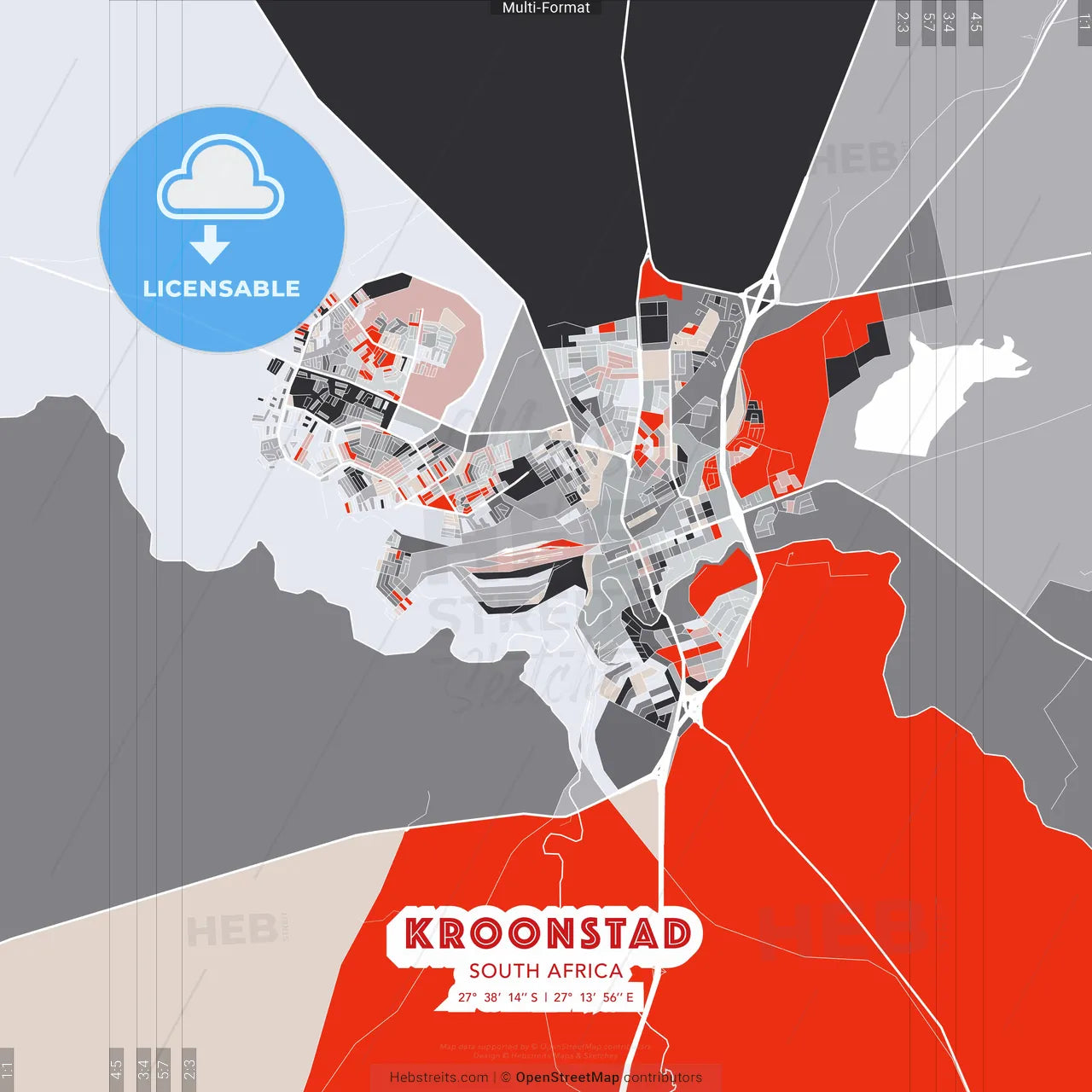 Kroonstad, South Africa - modern street map poster template with gray and red tones