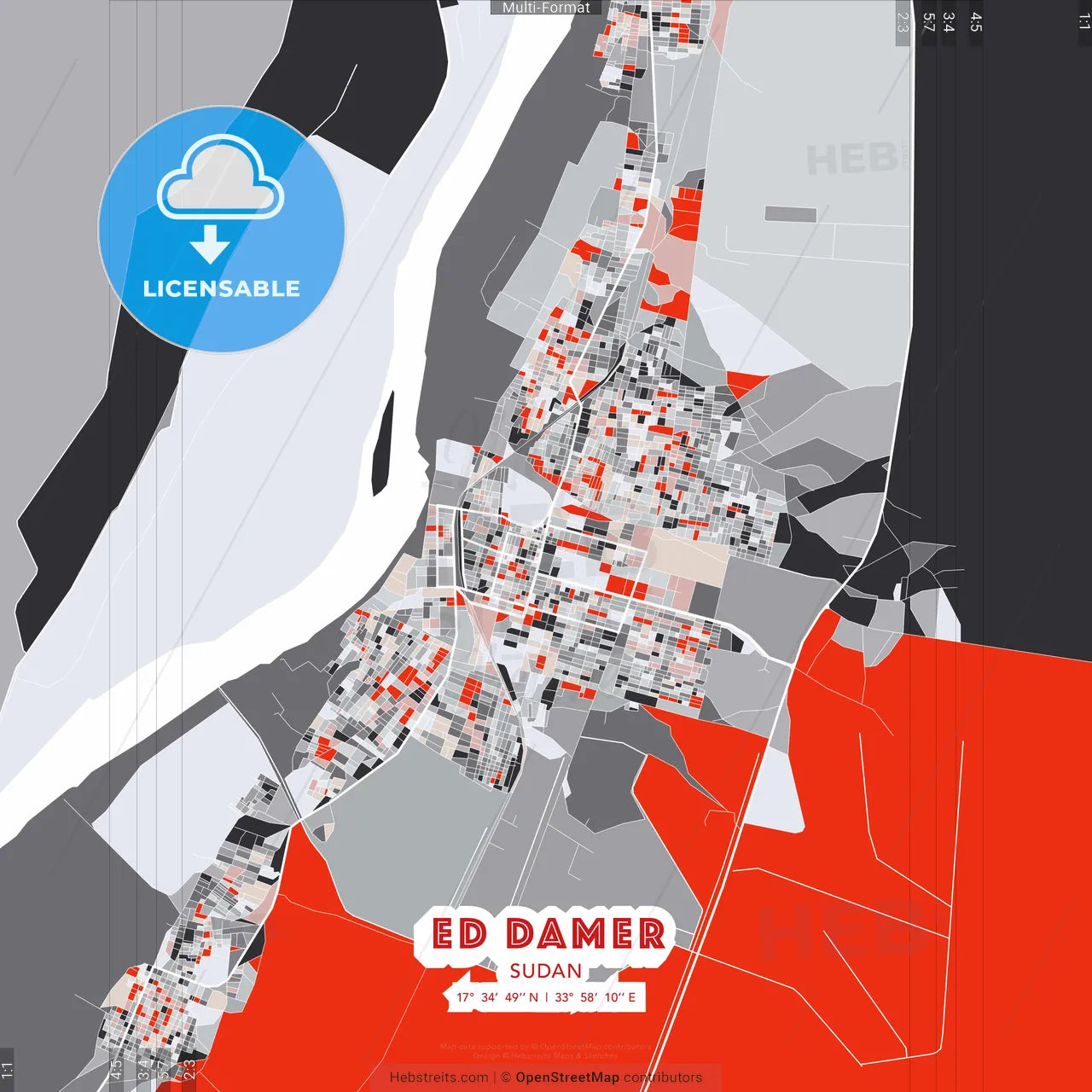 Ed Damer, Sudan - modern street map poster template with gray and red tones