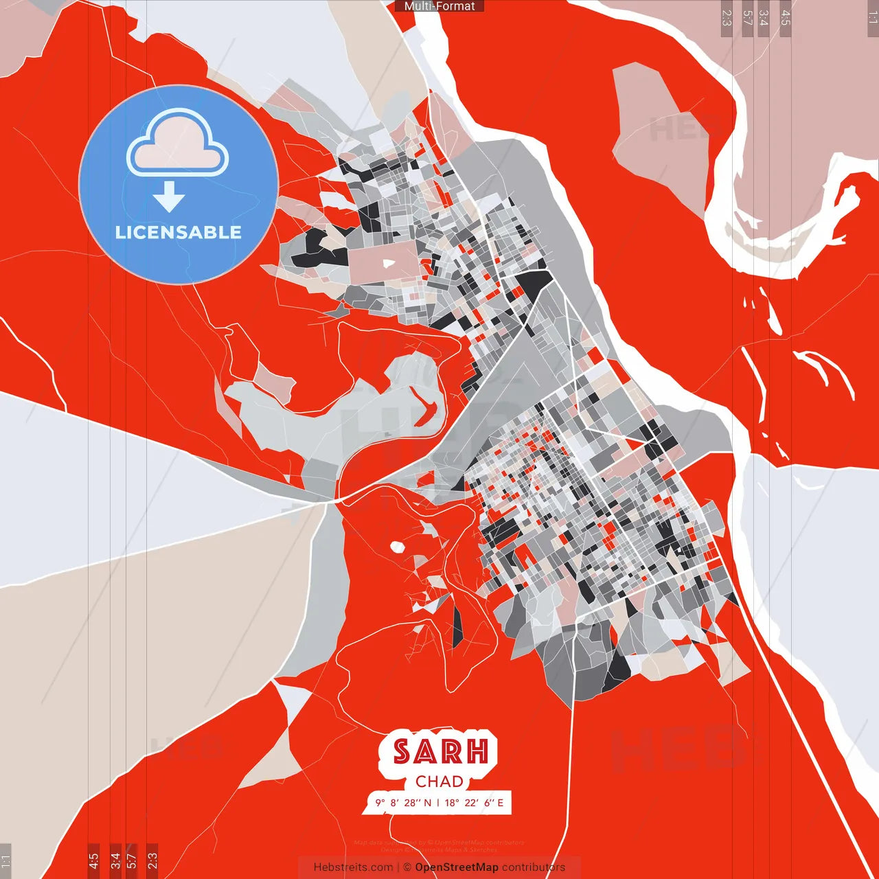 Sarh, Chad - modern street map poster template with gray and red tones
