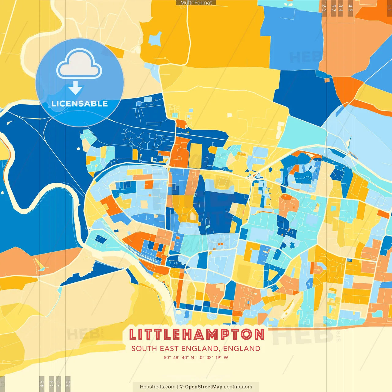 Littlehampton, South East England, England blue and orange vector art map template