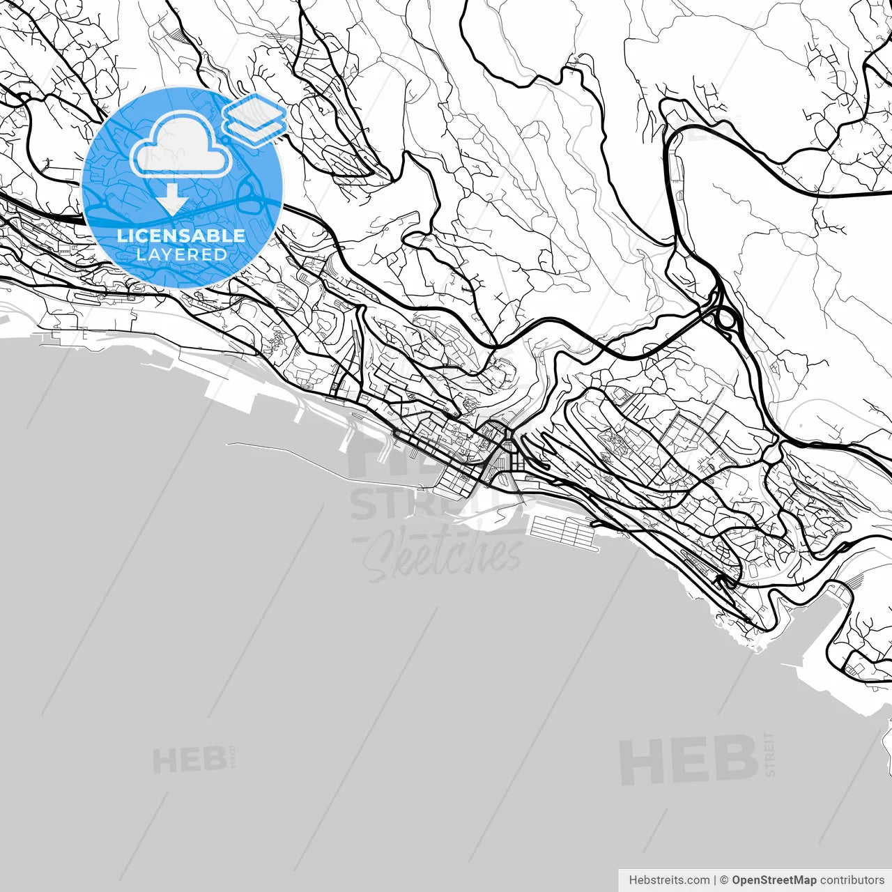 Layered PDF map of Rijeka, Primorje-Gorski Kotar, Croatia