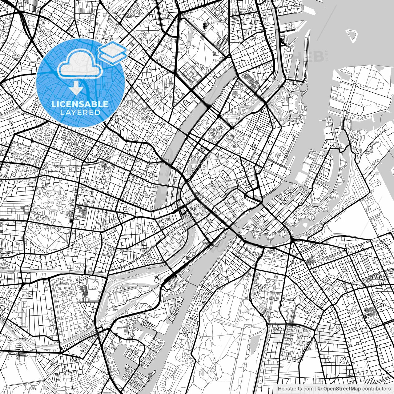 Layered PDF map of Copenhagen, Denmark