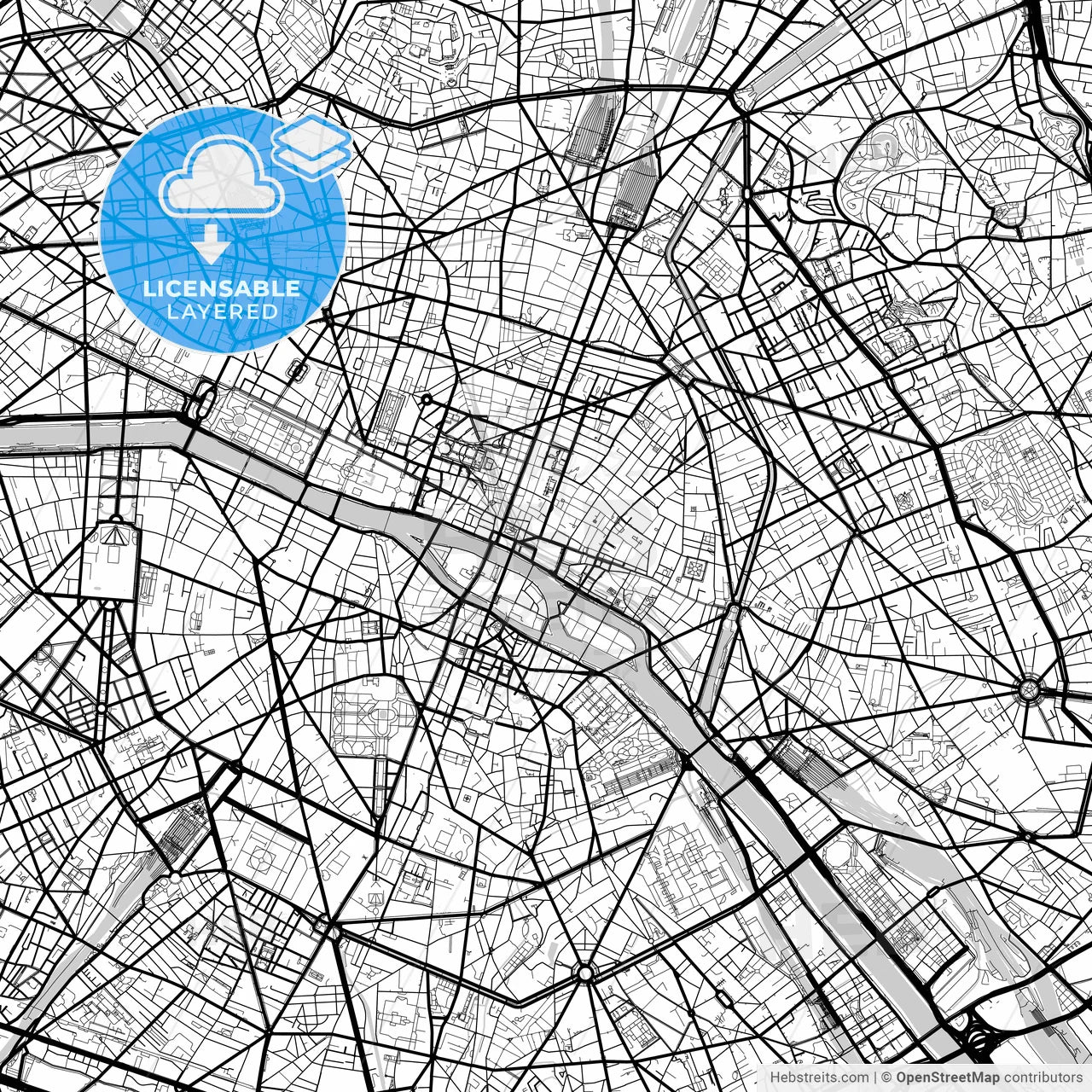 Layered PDF map of Paris, Paris, France