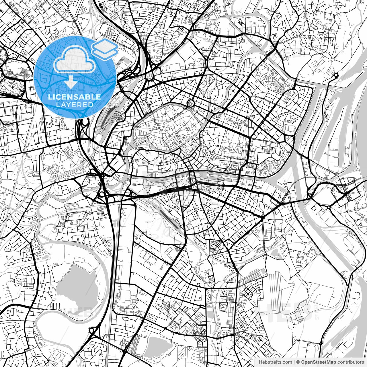 Layered PDF map of Strasbourg, Bas-Rhin, France