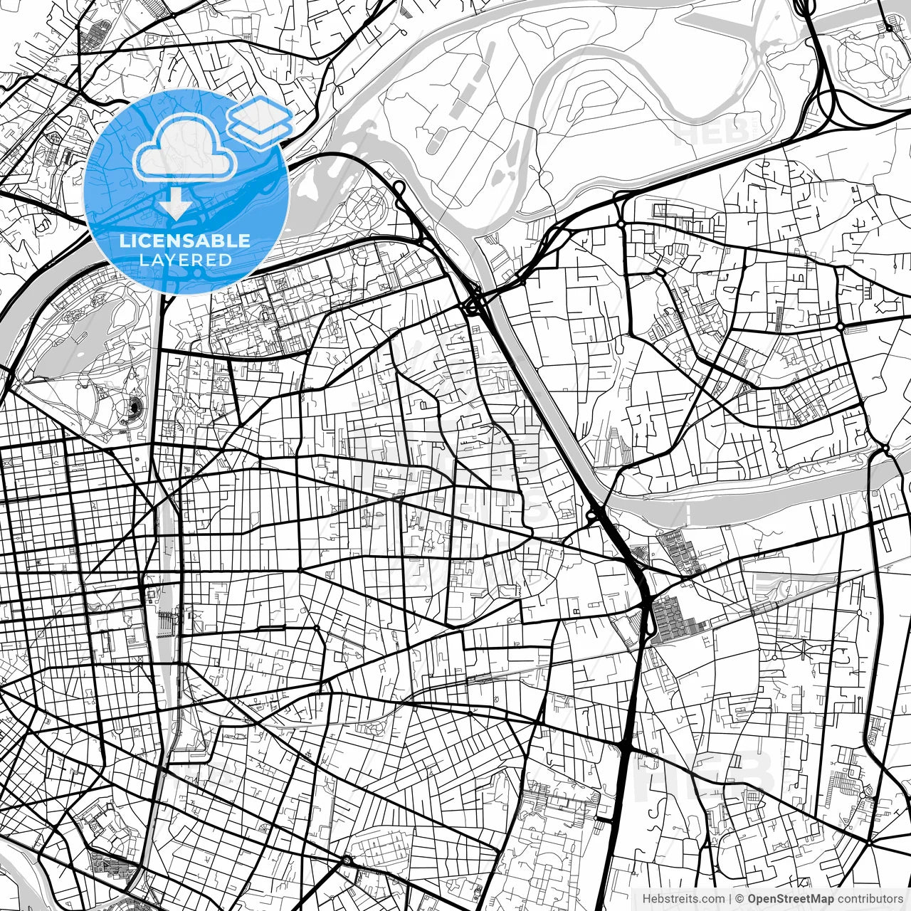 Layered PDF map of Villeurbanne, Rhône, France