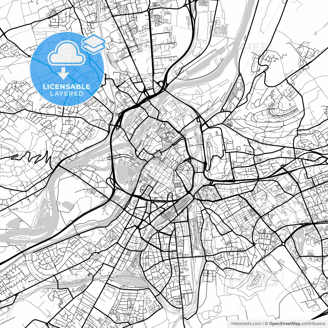 Layered PDF map of Metz, Moselle, France