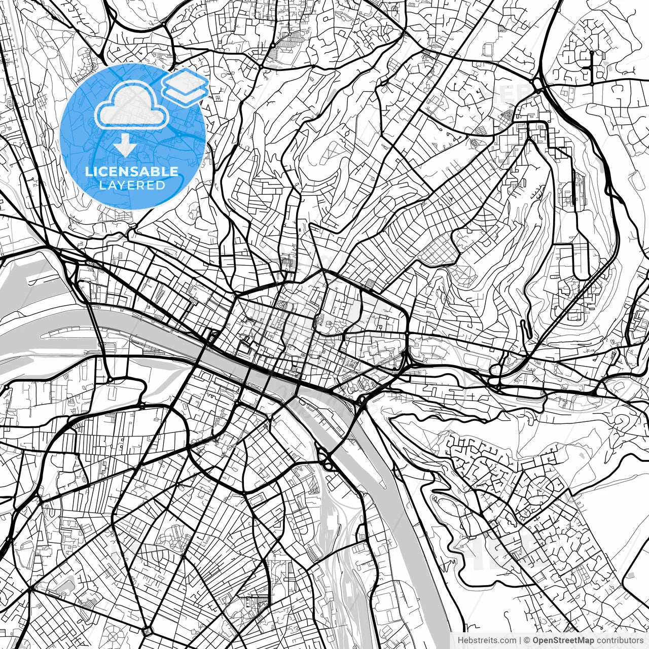Layered PDF map of Rouen, Seine-Maritime, France