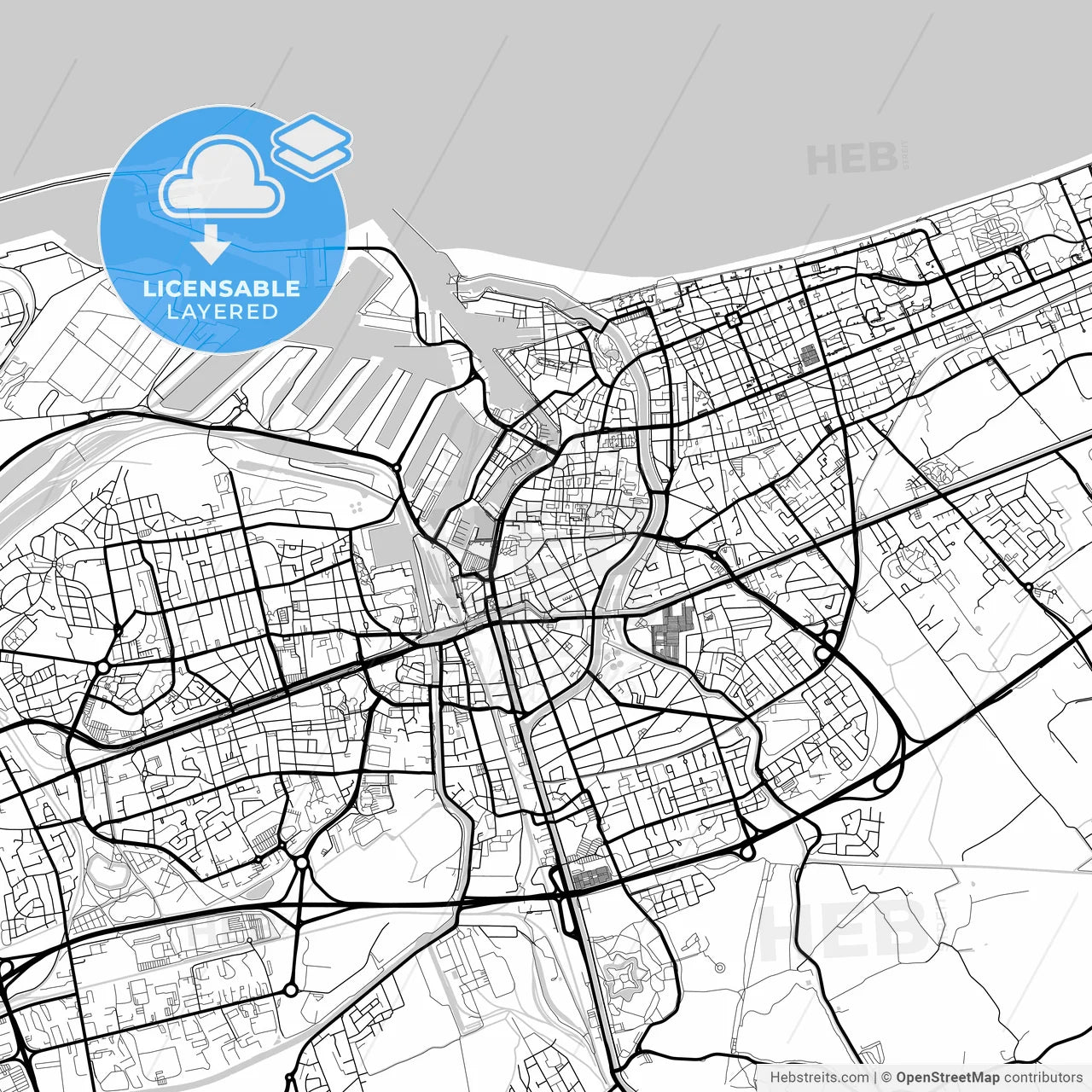 Layered PDF map of Dunkirk, Nord, France