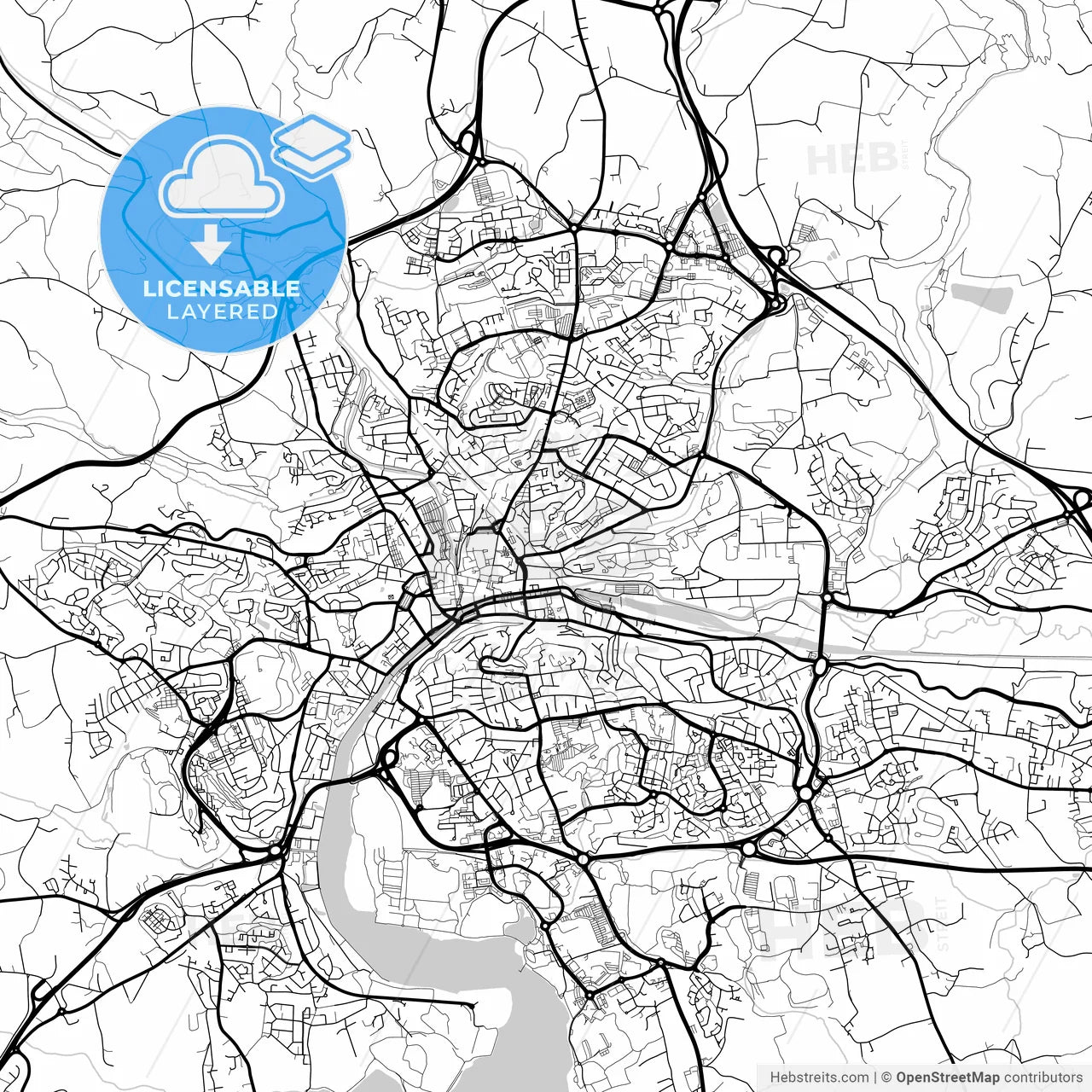 Layered PDF map of Quimper, Finistère, France