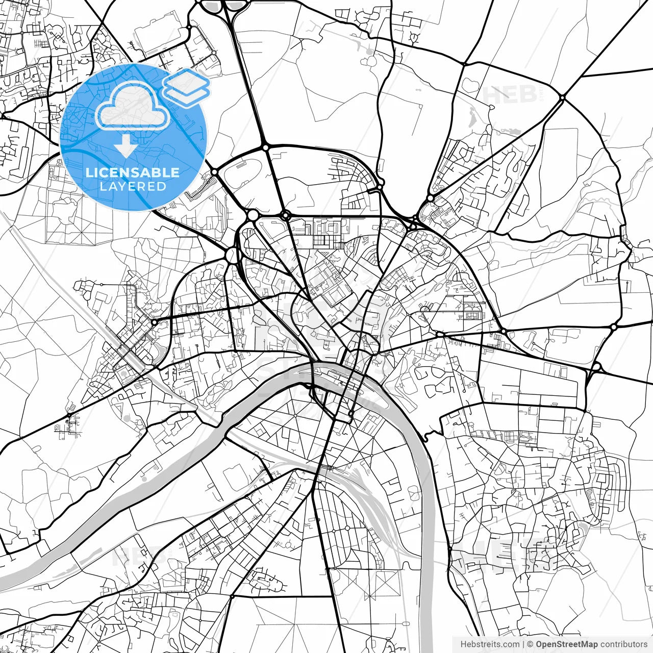 Layered PDF map of Melun, Seine-et-Marne, France