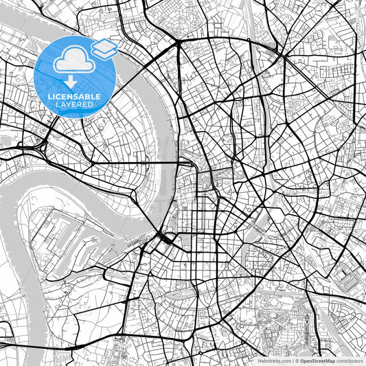 Layered PDF map of Düsseldorf, North Rhine-Westphalia, Germany