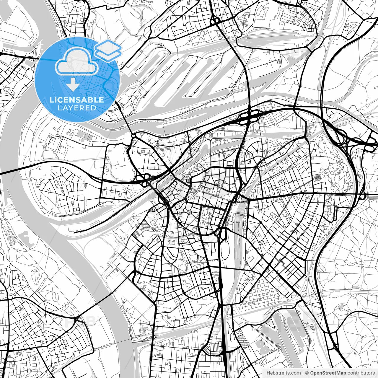 Layered PDF map of Duisburg, North Rhine-Westphalia, Germany